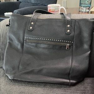 The Sak Lux Leather Tote with Aqua Patterned Interior